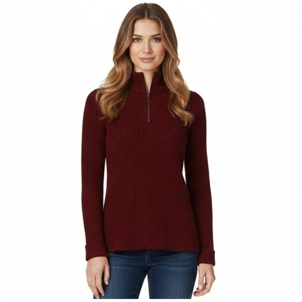 Lands' End Sweater Womens Small Ribbed Knit Red Black 1/4 Zip Mock Neck Pullover